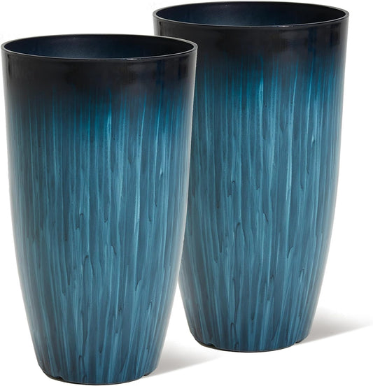 Worth Garden 23.5" H. Large Plastic Planters - Set of 2 Gradient Blue Glossy Smooth Finish - Tall Plant Pots for Indoor & Outdoor Use - Decorative Lightweight Flower Pot for Front Porch, Patio, Deck