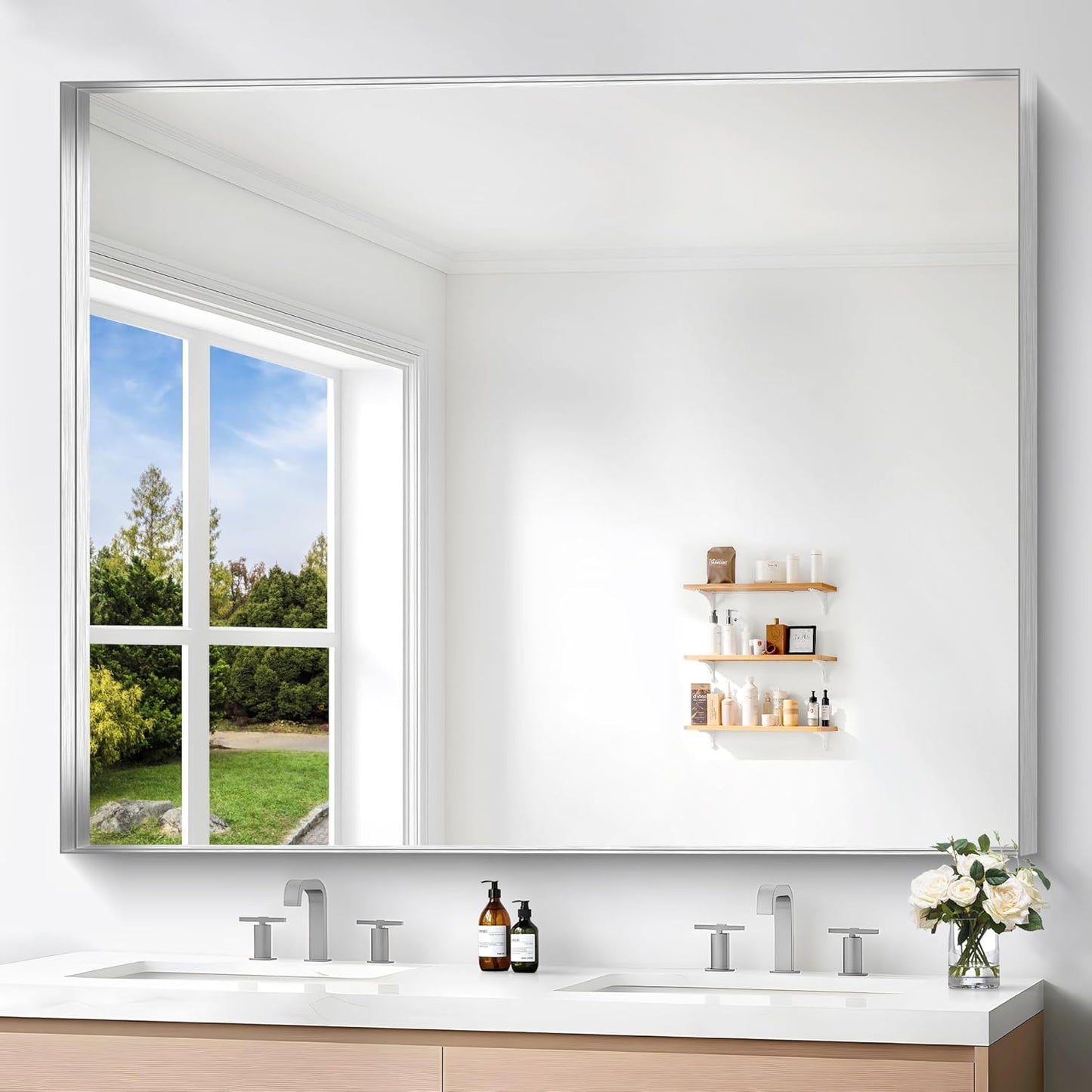 Silver Bathroom Mirror, 40x48 Inch Rectangular Framed Mirror, Large Wall Mounted Bathroom Vanity Mirror Over Sink for Bedroom,Restroom, Living Room, Hangs Vertically or Horizontally
