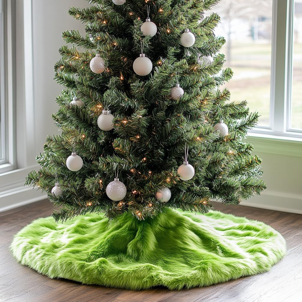 AISENO 48 Inch Green Christmas Tree Skirt Plush Decoration for Merry Christmas Party - Faux Fur Christmas Tree Skirt Decorations