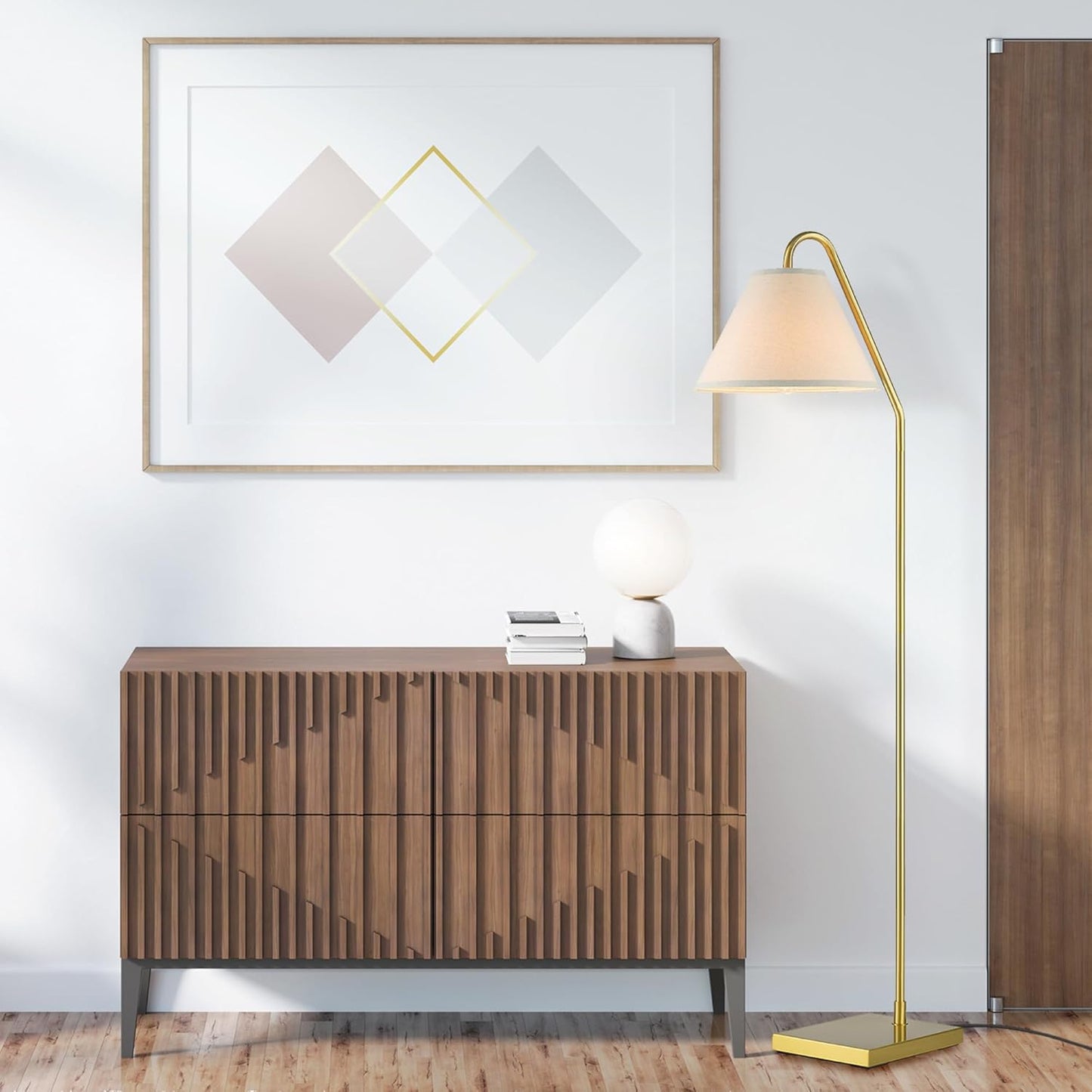 GLOBE Electric 61000147 62" Floor Lamp, Matte Brass, Beige Fabric Shade, On/Off Rotary Switch on Socket, 6-Foot Clear Cord, Reading Light, Bedroom, Living Room, Home Decor