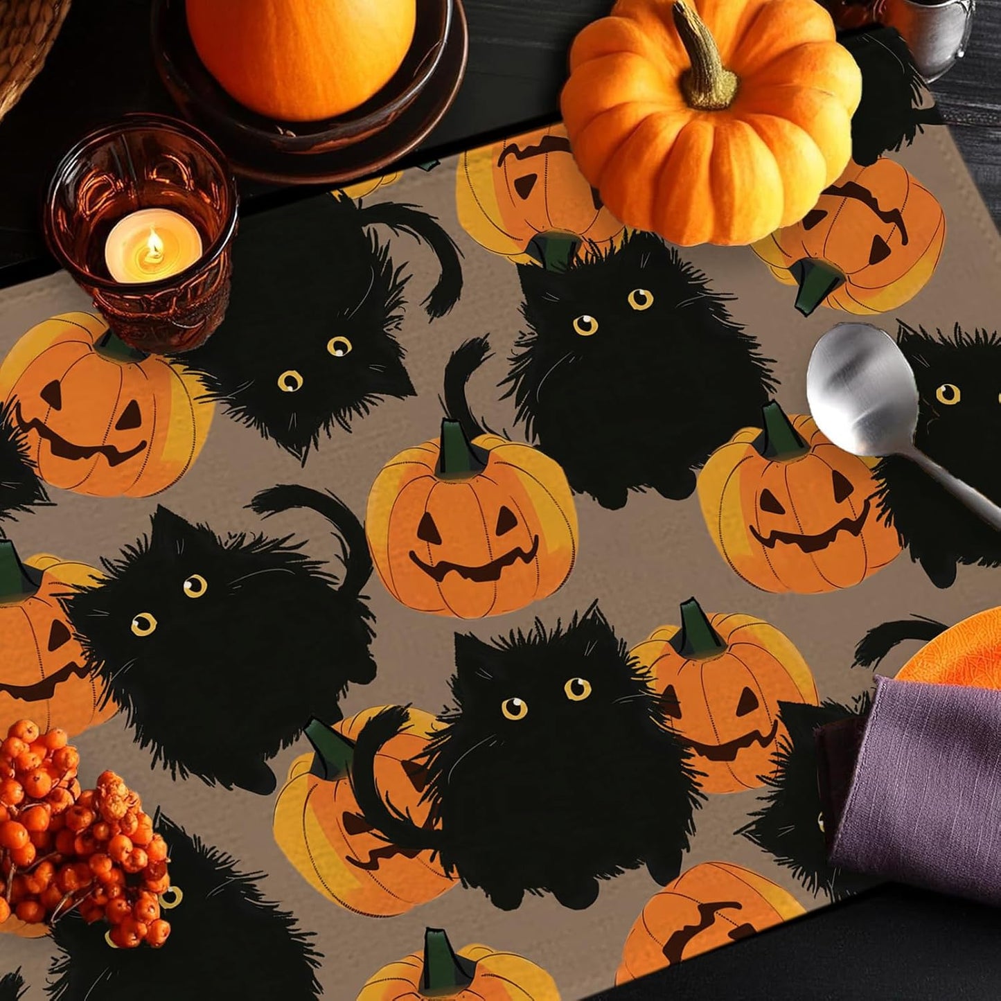 Halloween Placemats Cat Pumpkin Set of 4 Table Mats Seasonal Cute Home Party Kitchen Dining Table Decorations