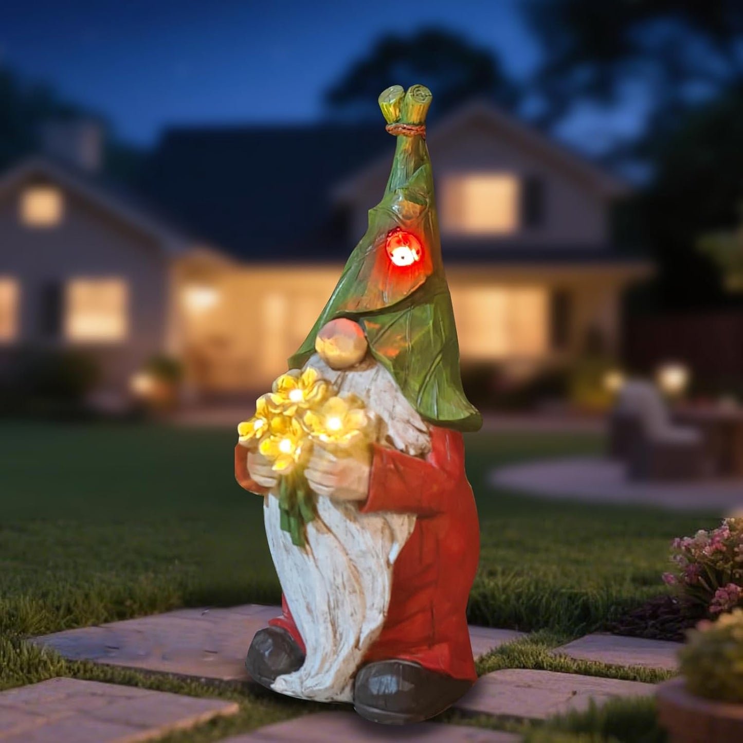 COWOS Garden Gnome Statue Outdoor Decor, Solar Garden Gnome Figurine Light, Resin Statues Sculpture for Patio Yard Lawn Outdoor Decorations