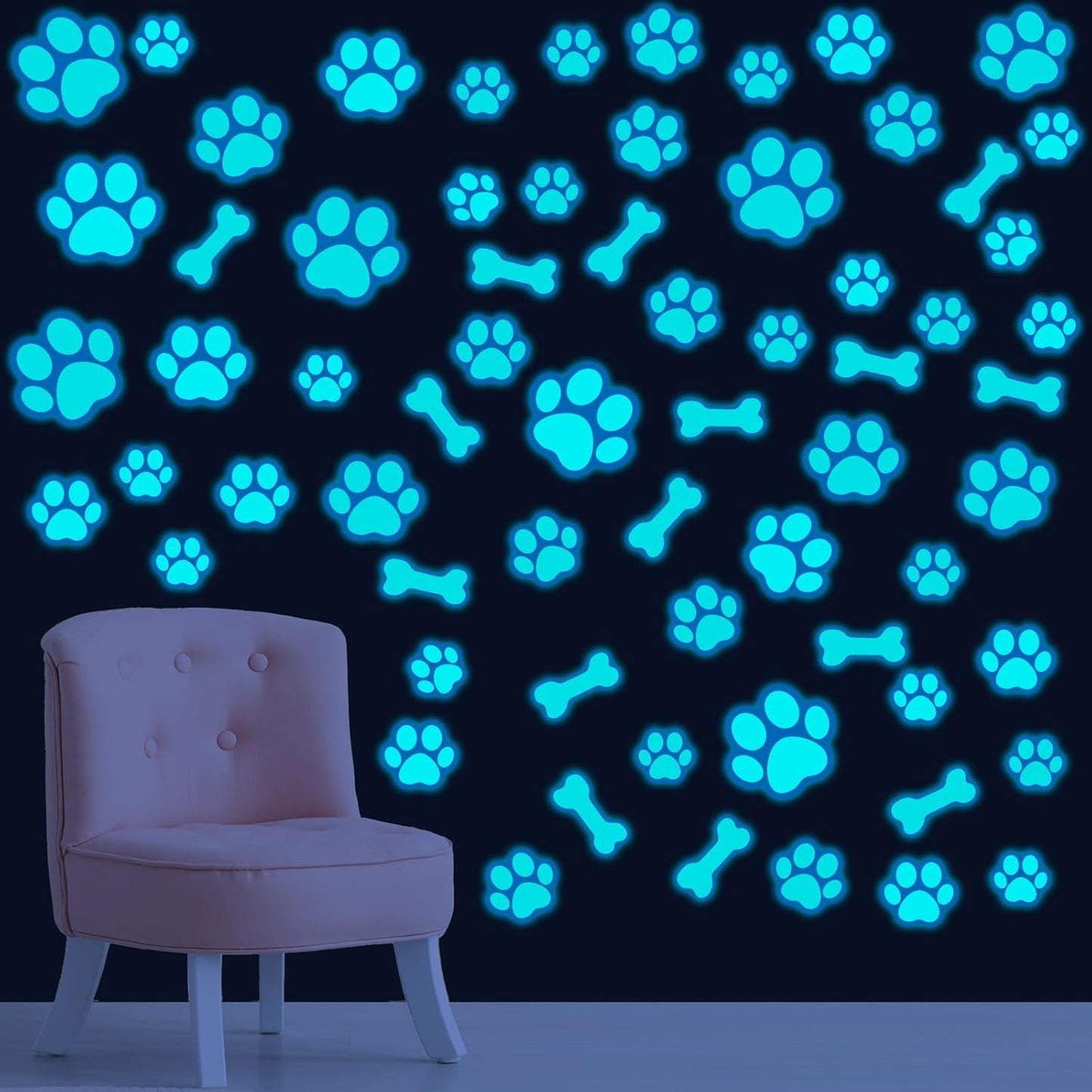 127 Glow in The Dark Dog Paw Stickers Luminous Removable Vinyl Wall Decals for Kids Nursery Bedroom(Blue Light)