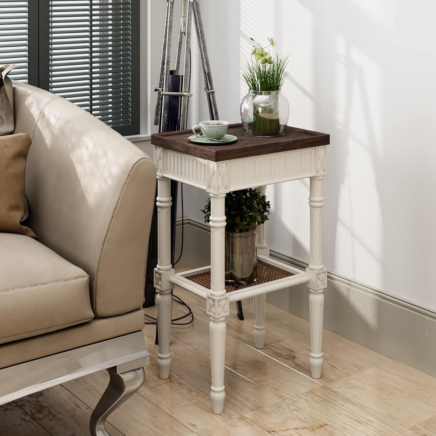 Rustic Farmhouse Cottagecore Accent End Table Set of 2, Distressed Accent Side Table with Espresso Tray Top and Woven Wicker Shelf, Boho, French Country Decor, Square, Weathered Brown & White