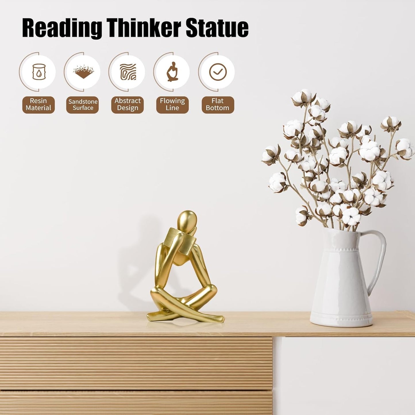 Bookshelf Decor Reading Statue - Abstract Art Thinker Sculpture Bookend for Shelves Aesthetic, Modern Home Decoration Figurine for Living Room Office Shelf Desk Coffee Table Decor(Gold Right)