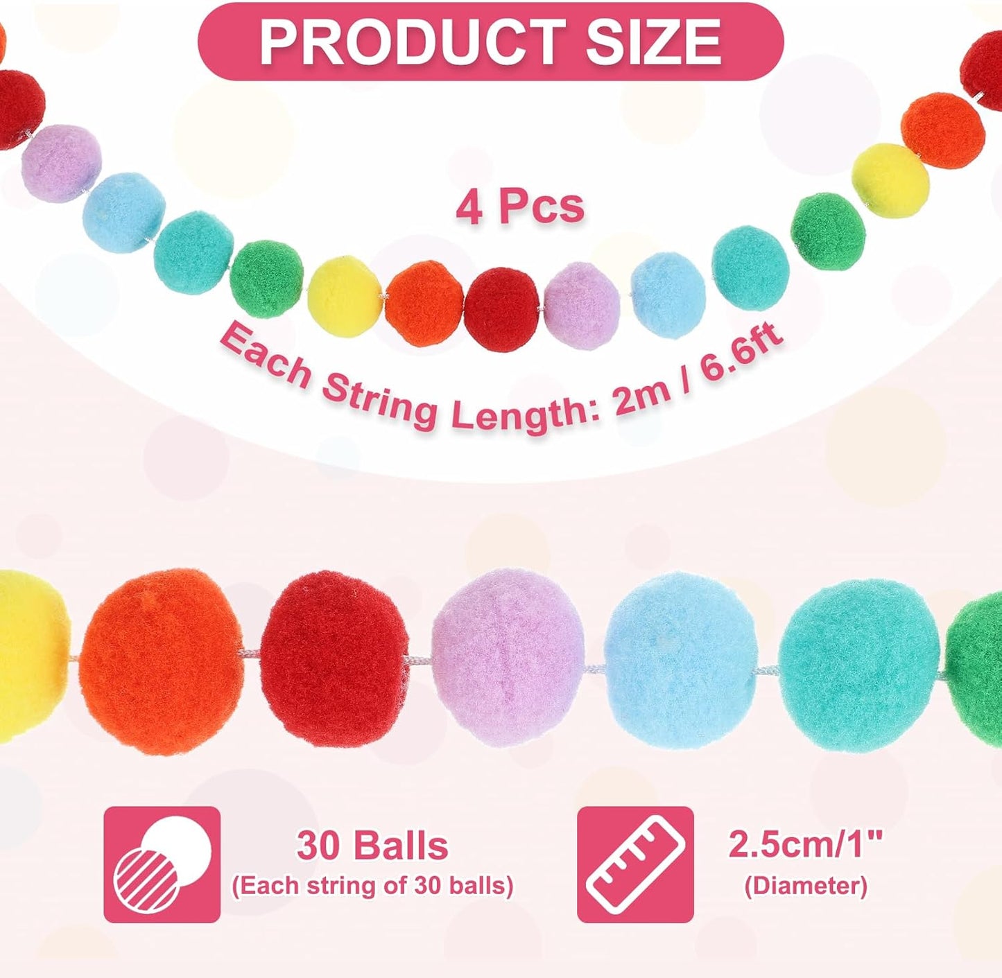 PATIKIL 26Ft Pom Pom Garland Decorations, 4Pcs Colorful Felt Ball Garland Banner Cute Rainbow Pompom Hanging Decorations for Tree Ornaments Homes Decor, Multicolor
