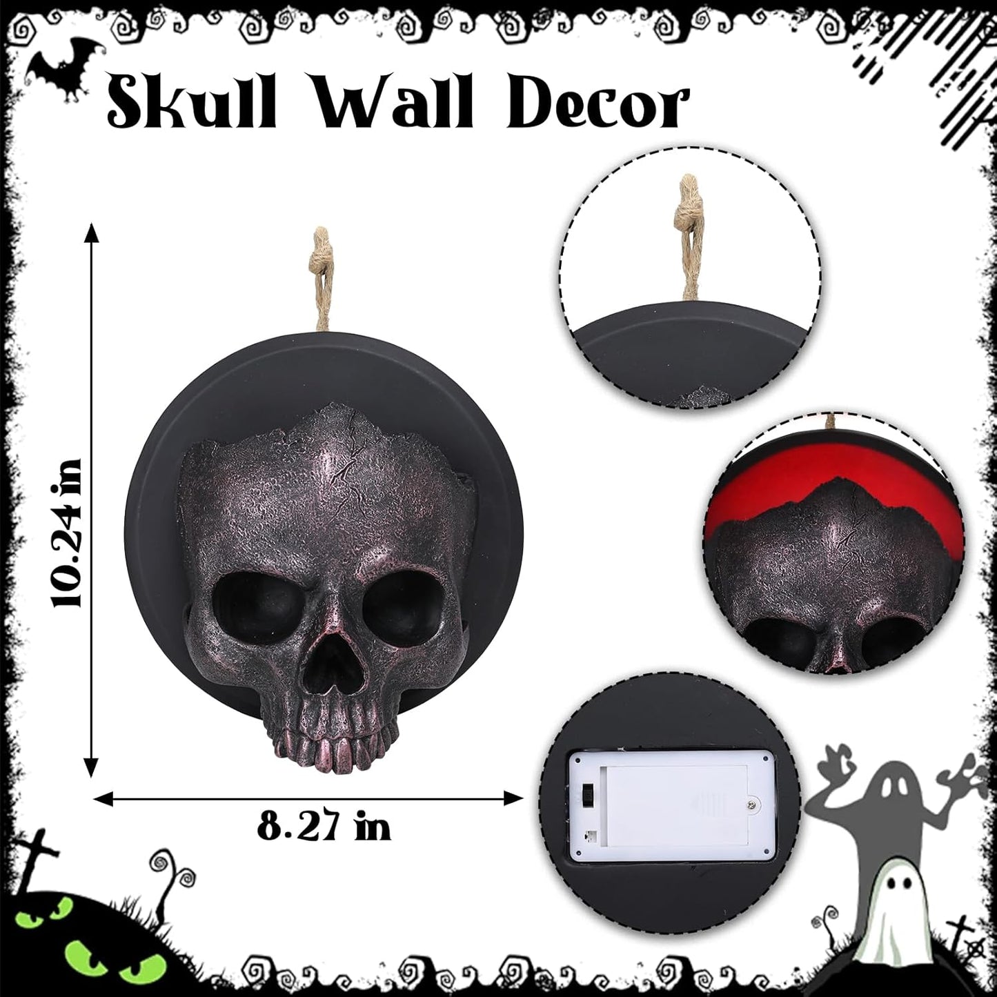 Ovewios Halloween Skull Decorations, Gothic Skeleton Head Hanging Wall Decor, Resin Creepy Skull Led Lights for Indoor Halloween Party Home Decorations