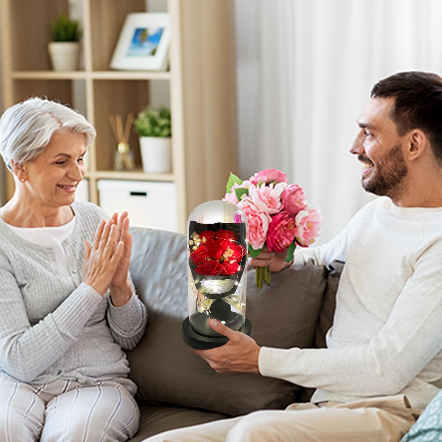 Gift for Her Forever Flower Bouquet for Delivery Prime Preserved Red Roses Glass Dome LED Light 100 Languages I LOVE YOU Necklace Mothers Day Birthday Romantic Valentines Gift for Wife Women Mom