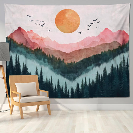 keowhsf Sunset Mountain Forest Tapestry - Large Nature Landscape Wall Hanging, Aesthetic Pine Tree Scenery Wall Art for Bedroom & Living Room Decor