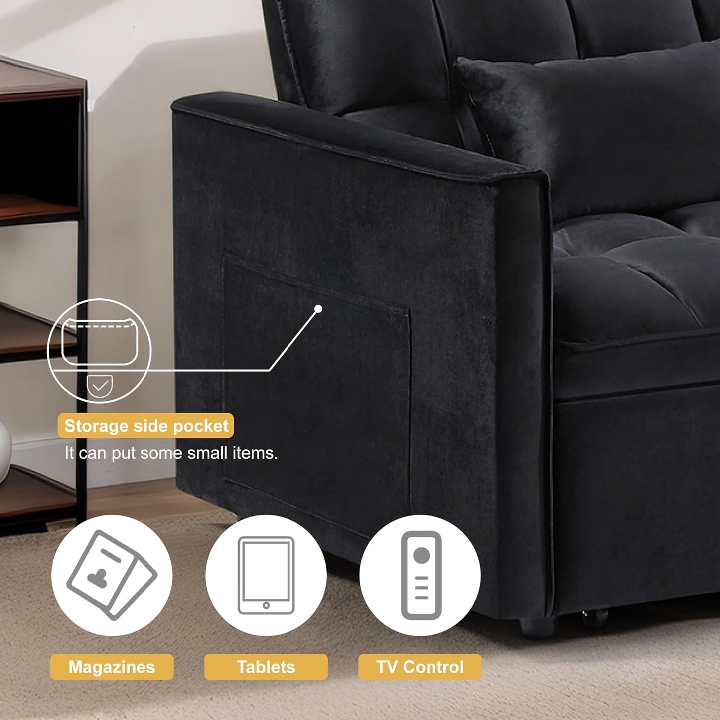 3 in 1 Convertible Sleeper Sofa Bed, Velvet Pull Out Sofas Beds with Side Pocket, 54” Adjustable Backrest Futon Sofa Bed, Love Seat Sleepers Couch for Living Room, Bedroom, Small Space, Black