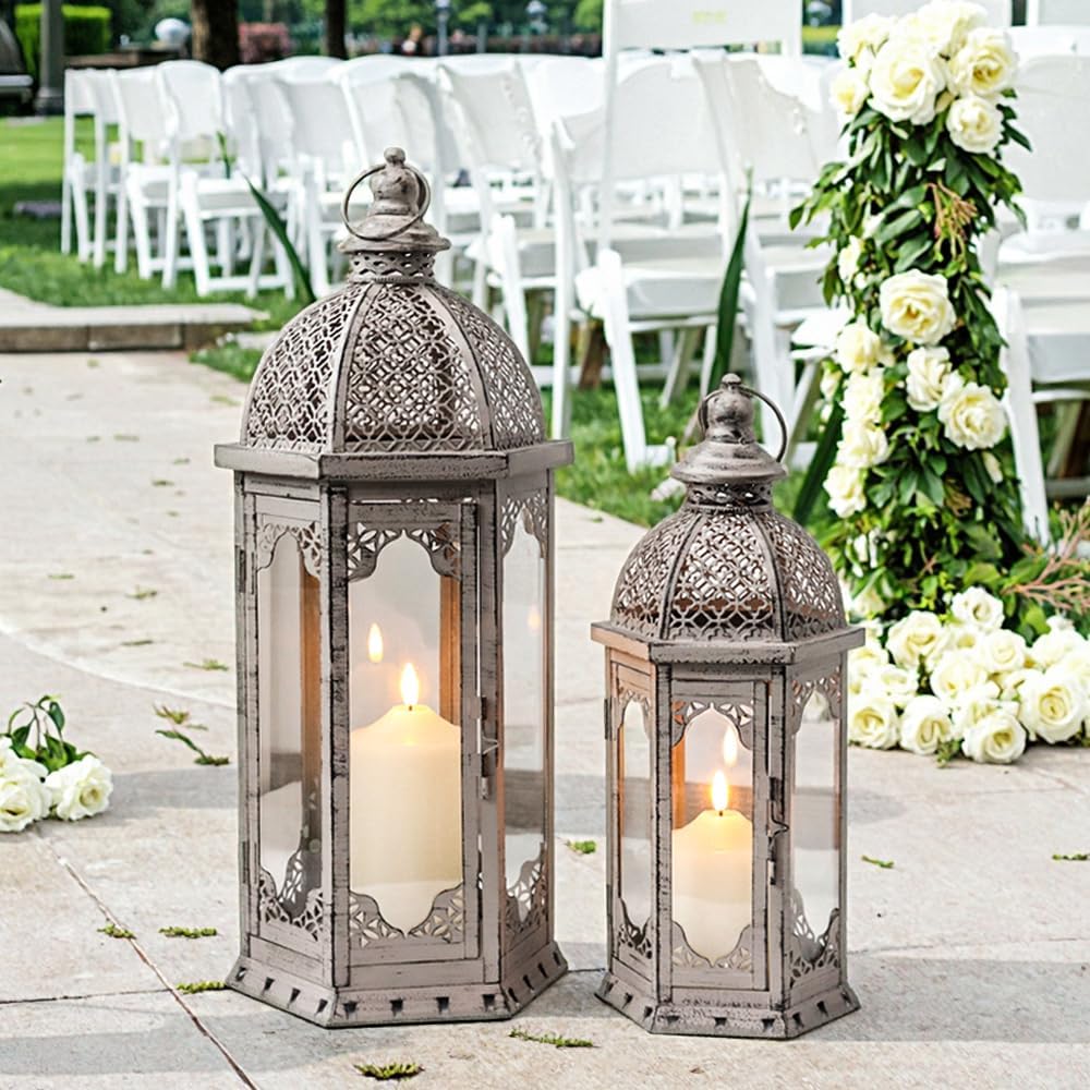 JHY DESIGN Set of 2 Decorative Candle Lanterns 22"&17" H Vintage Metal Candle Holder for Garden Indoor Outdoor Parties Weddings Patio Home Decor(Grey with Black Brush)