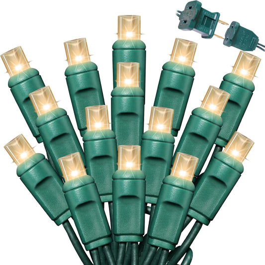 50Count String Lights, LED Christmas Lights, 6" SPACING,Green Wire,Warm White,Commercial Grade