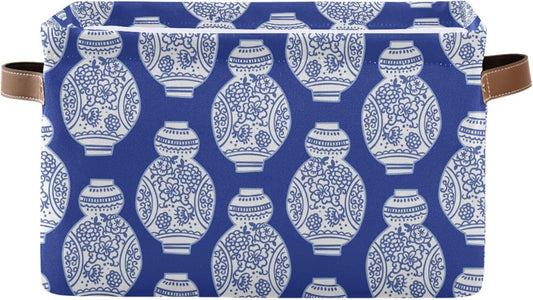 susiyo Storage Baskets for Shelves Organizer Baskets with Metal Frame Closet Storage Bins Fabric Bins Cubes with PU Handles for Organizing Shelf Nursery Toys 1 PACK,Blue Chinoiserie Vases