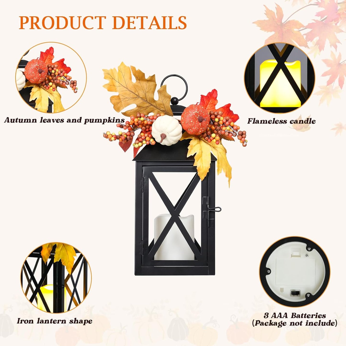 Fall Decor Lantern for Home, Large Decorative Lanterns Outdoor Waterproof 12" Battery Powered Decorative Lanterns Metal Hanging LED Candle Holder, Flameless Candle Lantern for Indoor 2 Packs