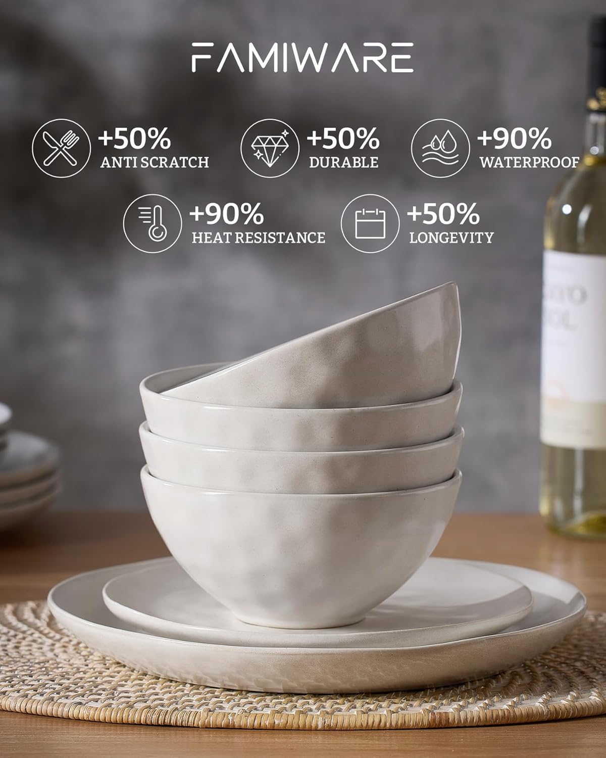 Famiware Dinnerware Sets for 6, Ocean Round 18-Piece Kitchen Plates and Bowls Sets, Microwave and Dishwasher Safe, Scratch Resistant, Matte White