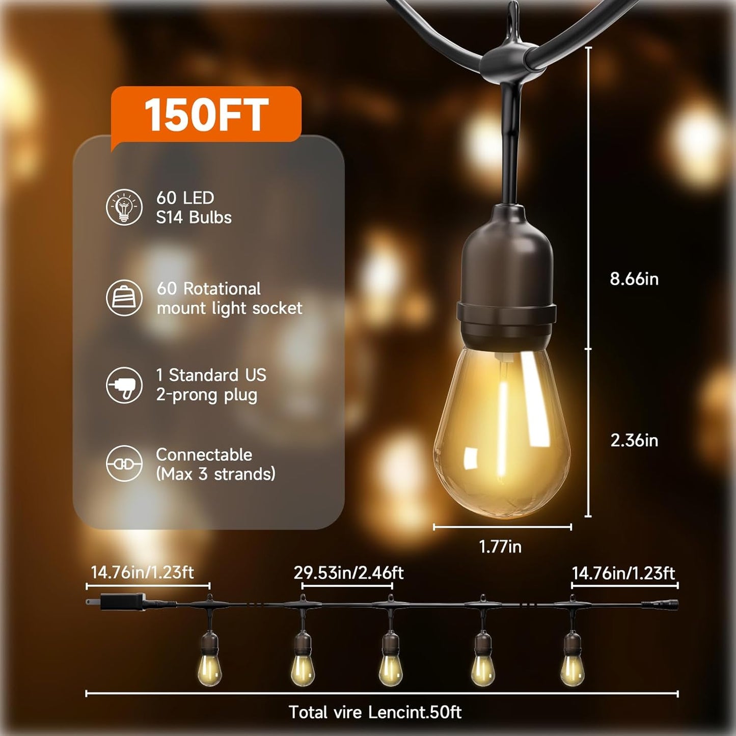 Outdoor Safety String Lights 150FT - 24V 20W Commercial Grade Low Voltage Strand with 60 S14 Shatterproof Bulbs for Tree Garden Yard Cafe Bistro | Warm Yellow 3500K | IP65 Waterproof | UL Listed