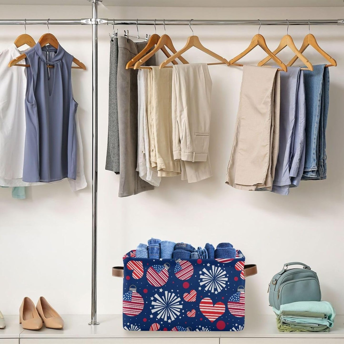 susiyo Fourth of July Basket American Independence Day Storage Box July 4th, American Flag with Hearts Fabric Storage Basket Organizer Bag with Handles