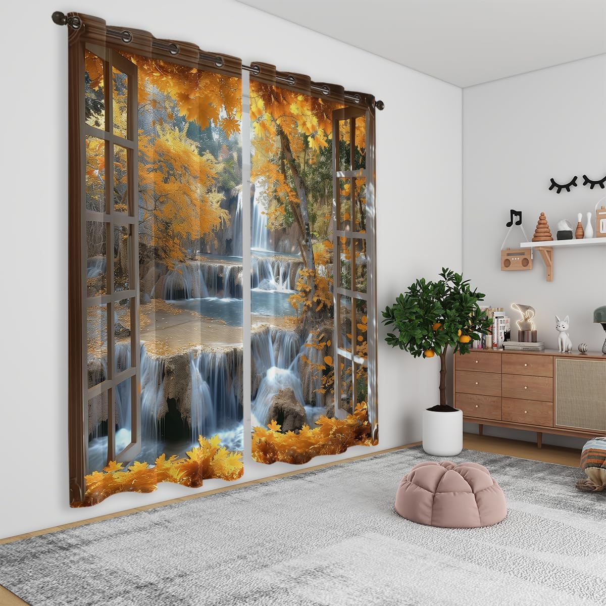 Landscape Blackout Curtains for Girls Boys Teens Home Decor, Nature 3D Autumn Fall Forest Maples Grommet Thermal Insulated Drapes Darkening Window Curtain for Bedroom Living Room, 55 x 63 Inch
