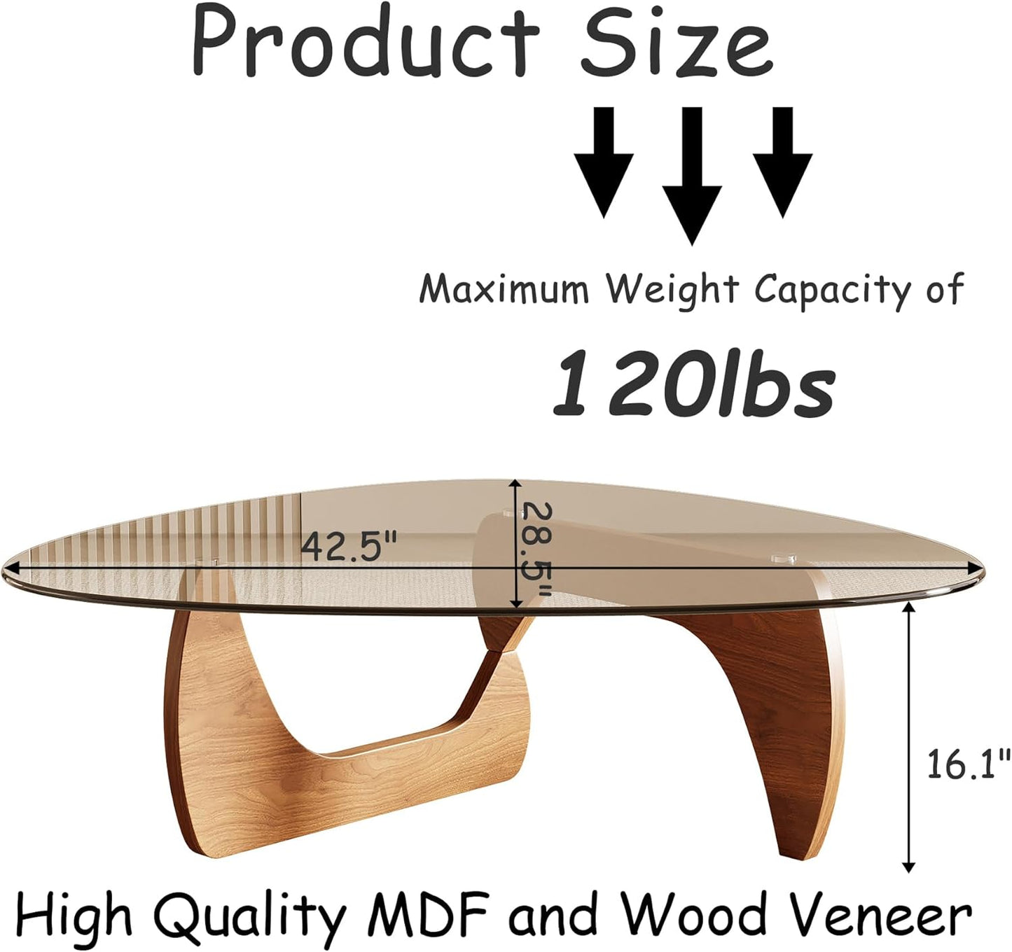 Honyee Morden Coffee Table, 42.5" x 28.5" x 16.1" Triangle Tempered Glass Top for Living Room, Color: Natural Wood