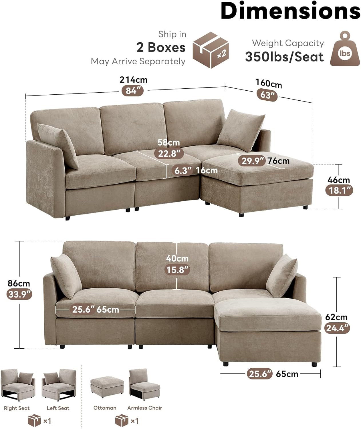 Tbfit 85" Convertible L Shaped Couch, Sectional Sofa for Living Room,Chenille Cloud Couch with Ottoman 4 Seat, Khaki