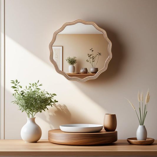Round Mirror Vanity Mirrors for Bathroom with Wavy Wood & Beaded Frame - Wall Mirrors for Living Room,Entry Mirrors for Wall,Decorative Mirror