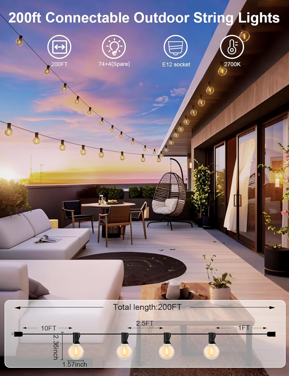 RTTY Outdoor String Lights 200 FT Globe LED Patio Lights with G40 Plastic Bulbs,Waterproof Shatterproof Dimmable Connectable Hanging for Backyard Porch Balcony Party Cafe Deck Decor