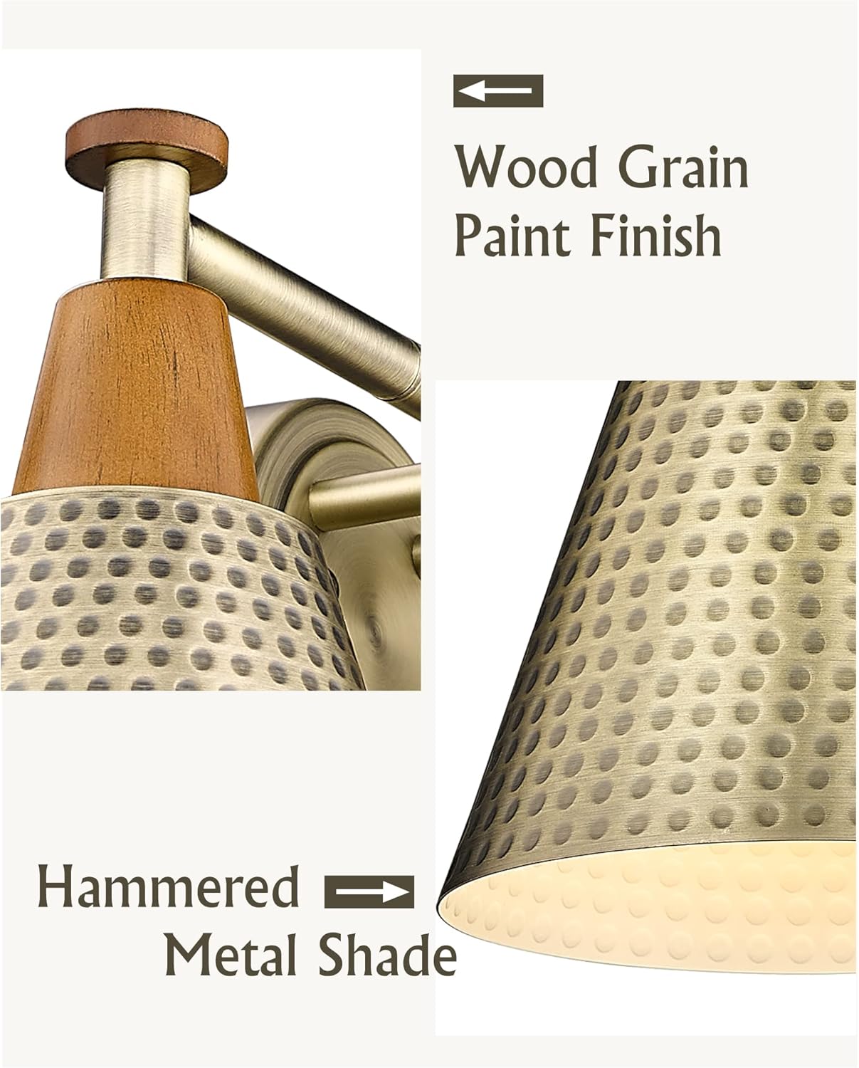 FEMILA Antique Brass Bathroom Vanity Light, 3-Lights Industrial Modern Wall Sconce Bathroom Lighting, Hammered Metal Shade Finish, 4FG59B-3W BG