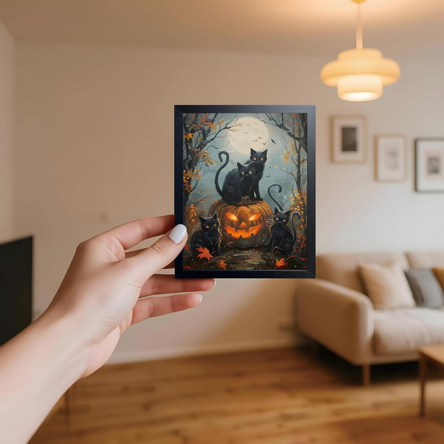 Halloween Black Cat Wall Art, Dark Academia Spooky Pumpkin Poster Wall Decor, Vintage Gothic Witchy Cat Canvas Print, for Bedroom Living Room Aesthetic Decor 8x10 Inch Wood Framed