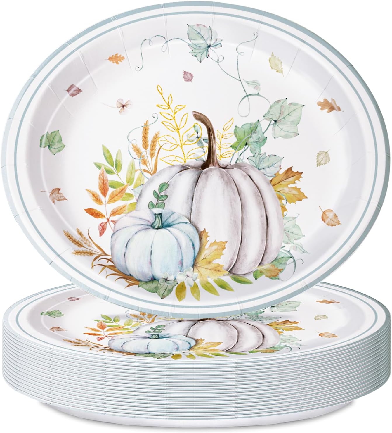 25 Pcs Fall Paper Plates Large 9" X 11" Thanksgiving Pumpkins Maple Leaf Disposable Autumn Dinnerware for Harvest Thanksgiving Party Decorations