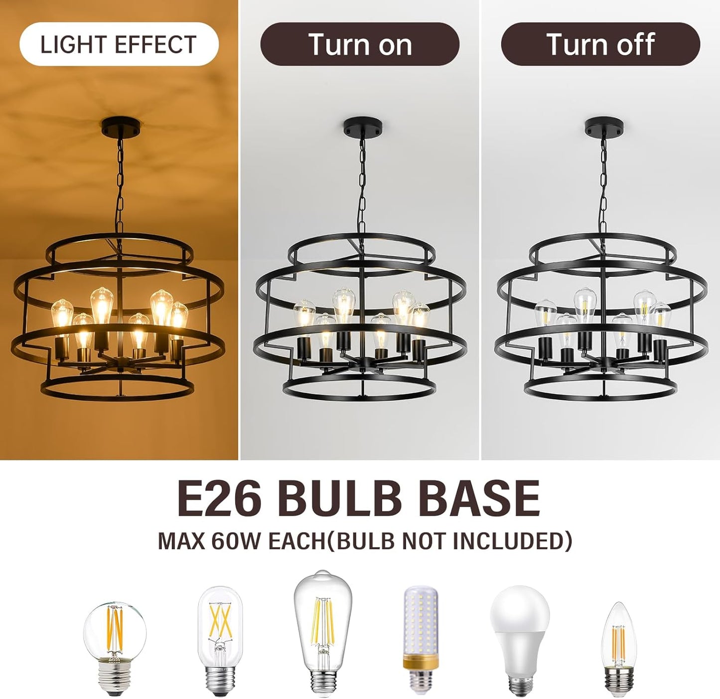 24" Black Chandelier, 6-Light Farmhouse Pendant Light Fixture with Geometric Metal Frame, Modern Industrial Ceiling Hanging Light for Dining Room, Living Room, Bedroom, Kitchen Island, Hallway, Foyer