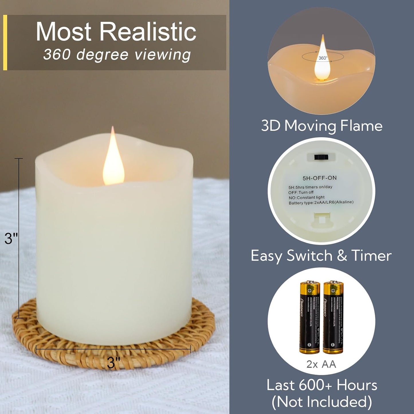 Flameless Candles Battery Operated with Timer, 3D Moving Flame Flickering, Last 600+ Hours Battery Candles, 3" x 3" Ivory Real Wax Electric LED Candle for Wedding Party Decorations