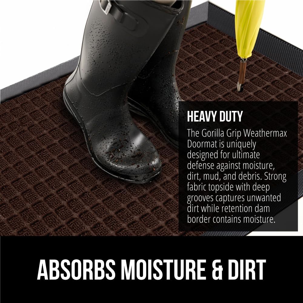 GORILLA GRIP 100% Waterproof All-Season WeatherMax Doormat US Designed Natural Rubber, Stain and Fade Resistant, Low Profile Indoor Outdoor Door Mats, Easy Clean Patio Mat, 17x29, Coffee Square