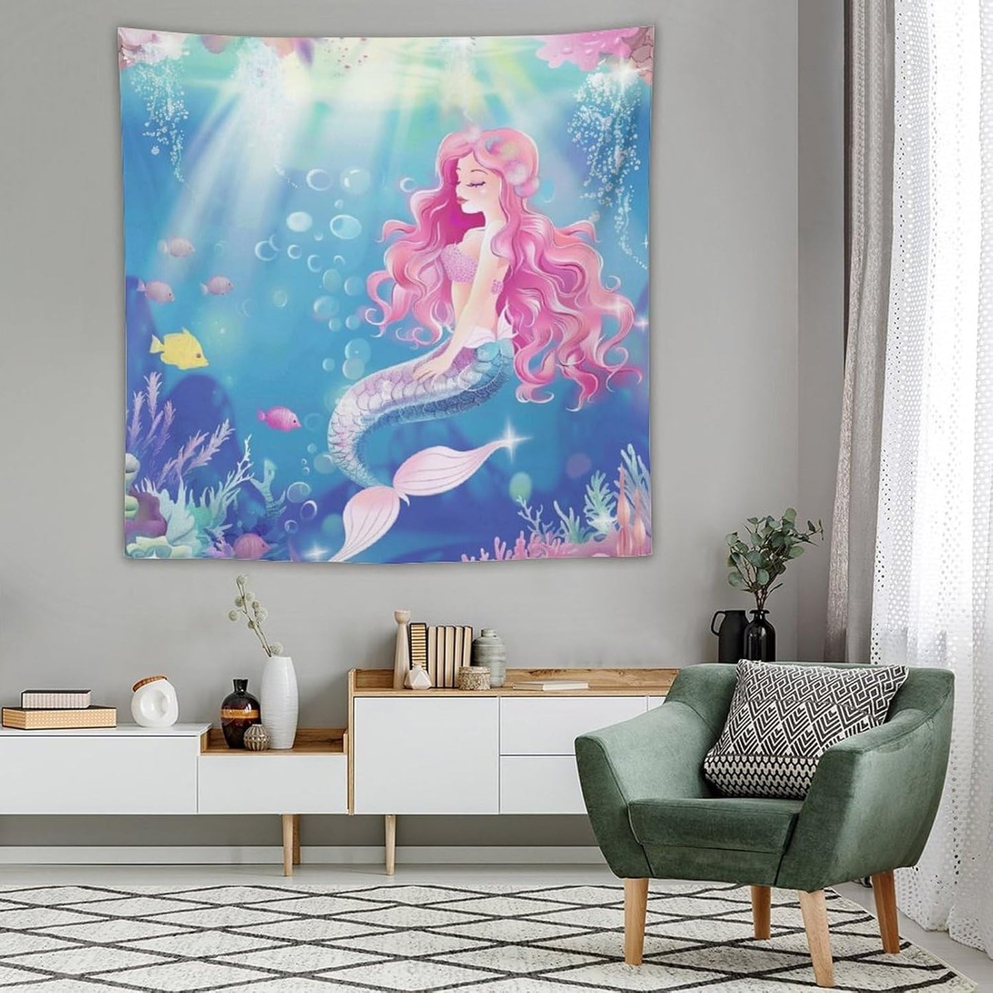 HZOHNAGO Mermaid Girls Tapestry Watercolor Mermaid Princess Pink Hair Pattern for Kids Room Decoration Printed Wall Tapestry Wall Hanging for Bedroom Living Room Dorm 60" W x 60" H