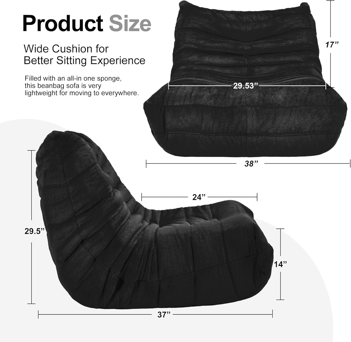 Bean Bag Chairs for Adults Giant Bean Bag Chair Memory Foam BeanBag Chair Big Bean Bag Sofa with Filler Faux Fur Fireside Beanbags Lazy Sofa for Living Room Bedroom Dorm Office (Black Plush)