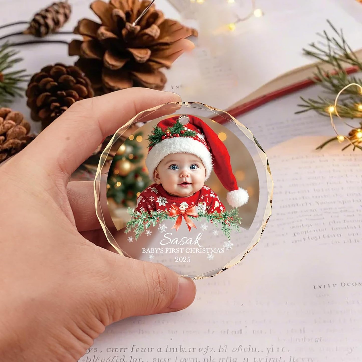 Bemaystar Personalized Babys First Christmas Ornament 2025 Girl Boy - 1st Christmas Ornament 2025 with Photo Text, Personalized Christmas Ornaments for Baby, Xmas Gifts, Newborn Gifts for New Mom Dad
