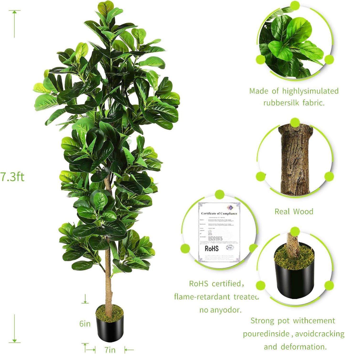 7.3ft Artificial Fiddle Leaf Fig Tree (87in) with Plastic Nursery Pot Faux Tree, Ficus Lyrata Fake Plant for Office House Farmhouse Living Room Home Decor (Indoor/Outdoor)