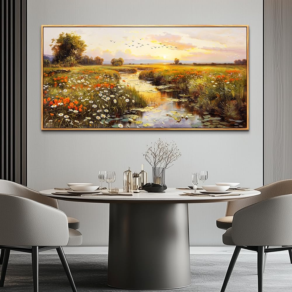 PHAOHUAXM Large Canvas Wall Art For Living Room Wall Decor For Bedroom Watercolour Painting Office Decoration Countryside Sunrise Scenery Wall Picture Home Decor Ready To Hang 30x60 In Wood Framed