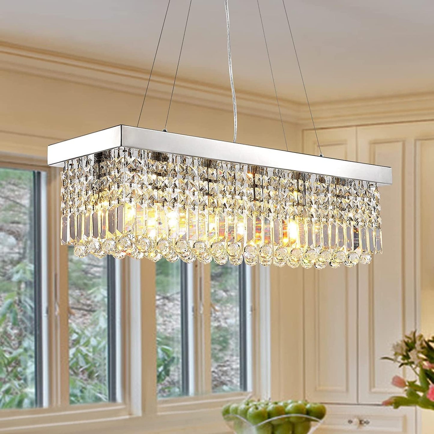 Siljoy 6-Light Modern Crystal Chandelier for Dining Room, Rectangular K9 Crystal Raindrop Chandelier, Rectangle Pendant Ceiling Light Fixture for Living Room Kitchen Island L31.5'' x W10'' x H10''