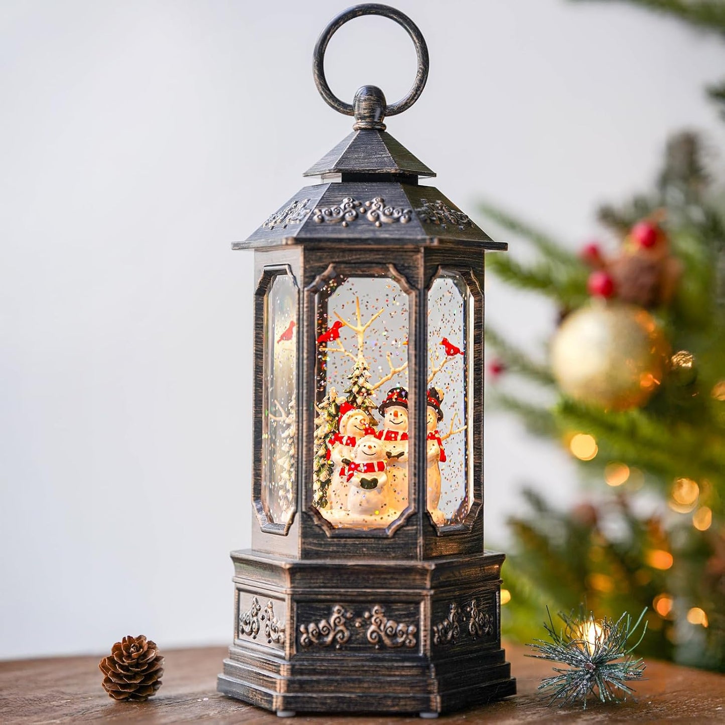 Christmas Snow Globe Swirling Glittering Snowman Choir & Cardinal with Music & Timer, USB Lined/Battery Operated Lighted Water Lantern for Christmas Festival Decoration Gifts