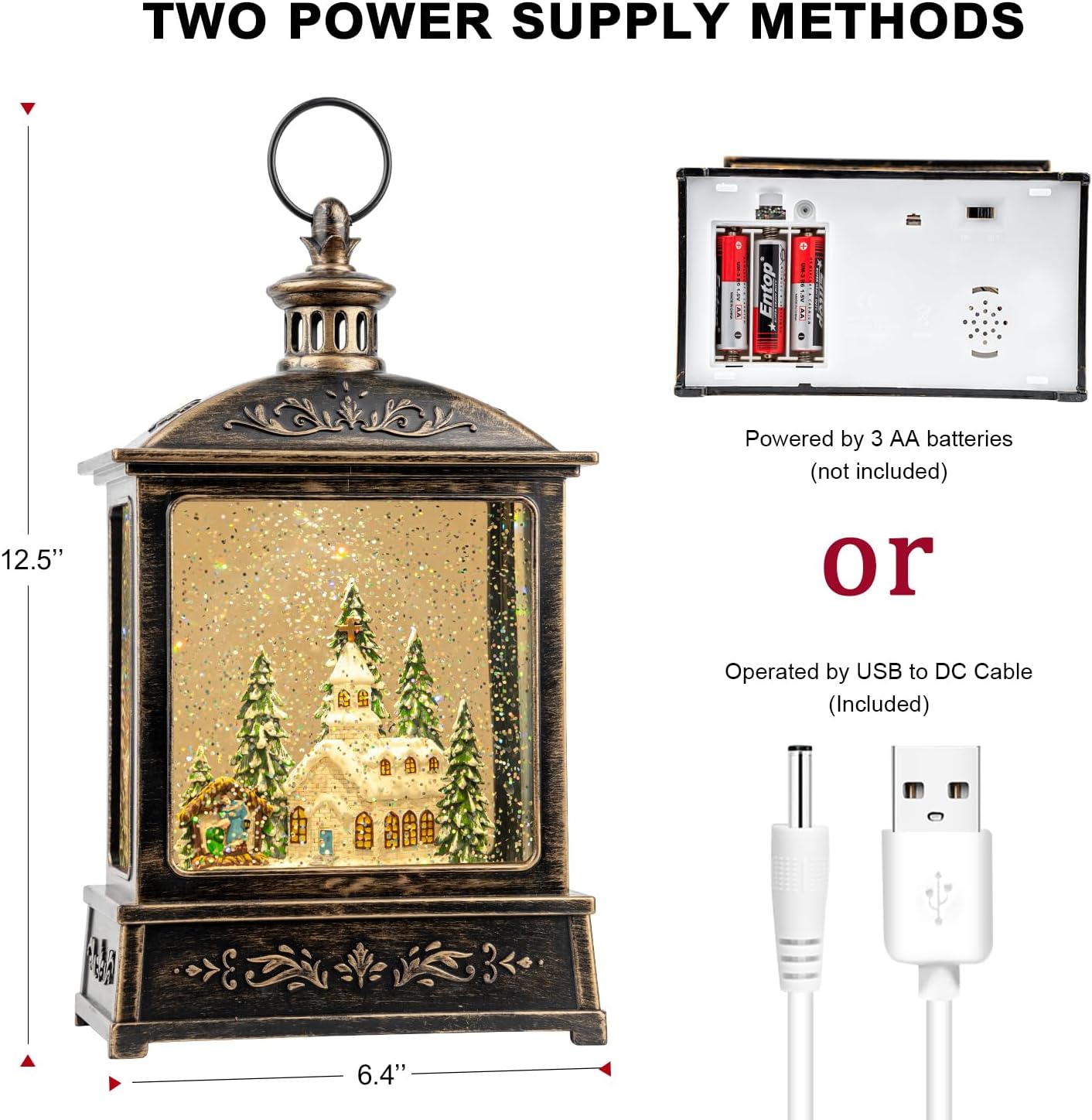 12.5'' Musical Snow Globe Lantern Lighted Church with Nativity Manger Scene Water Lantern in Swirling Glitter, Christmas Home Decoration and Gift, Battery Operated or USB Powered