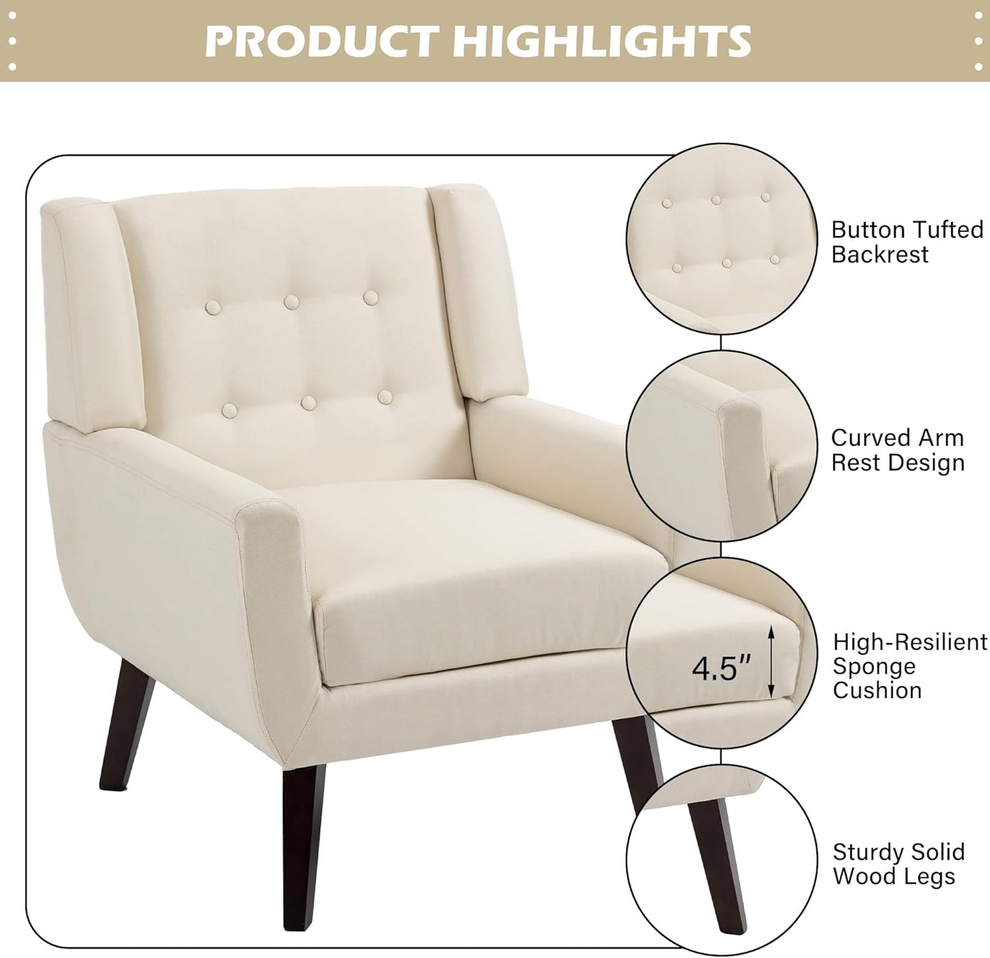 UIXE Accent Chair, Modern Upholstered Armchair in Fabric for Living Room, Comfy Club Arm Chairs Single Sofa Button Tufted Bedroom Reading Seat - White, Set of 1