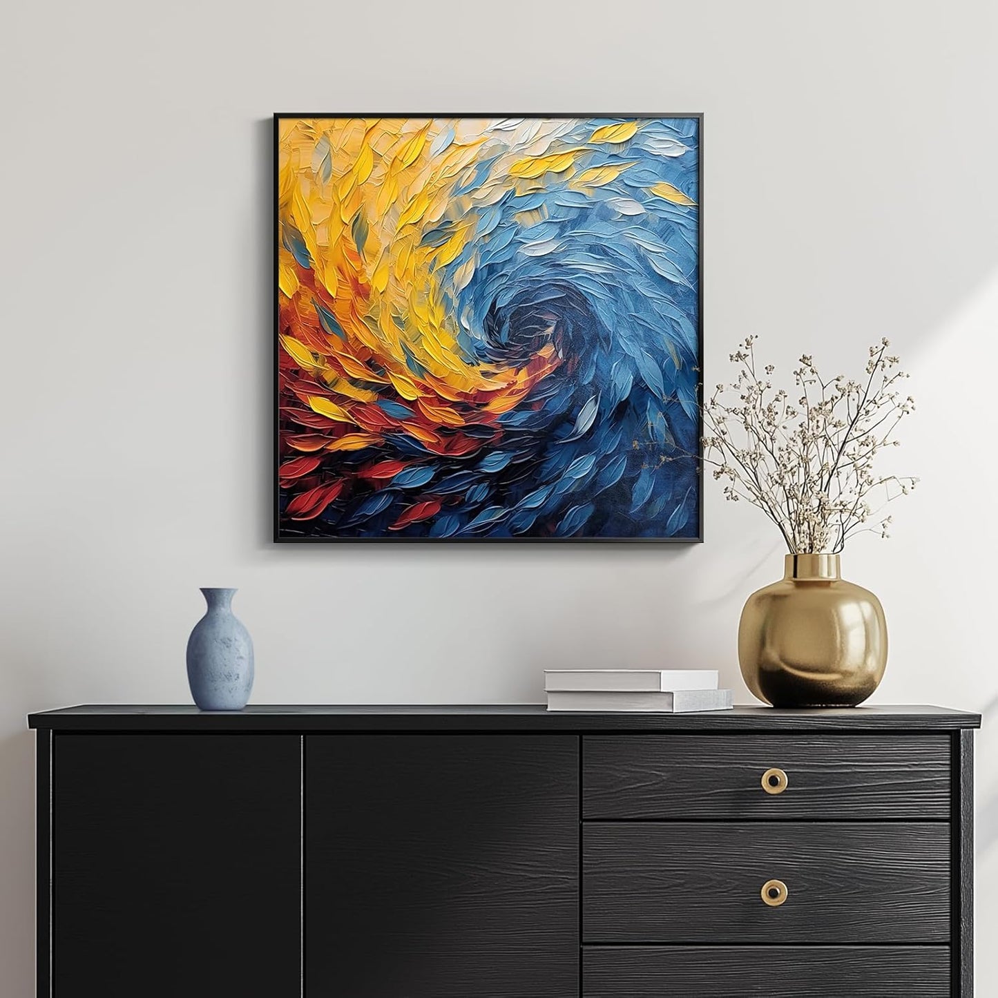 Framed Blue Modern Abstract Wall Art, Minimalist Large Canvas Paintings Artwork for Walls, Blue Yellow Art Prints Pictures for Living Room, Hallway, Bedroom, Office, Bathroom Wall Decor -24x24 Inch