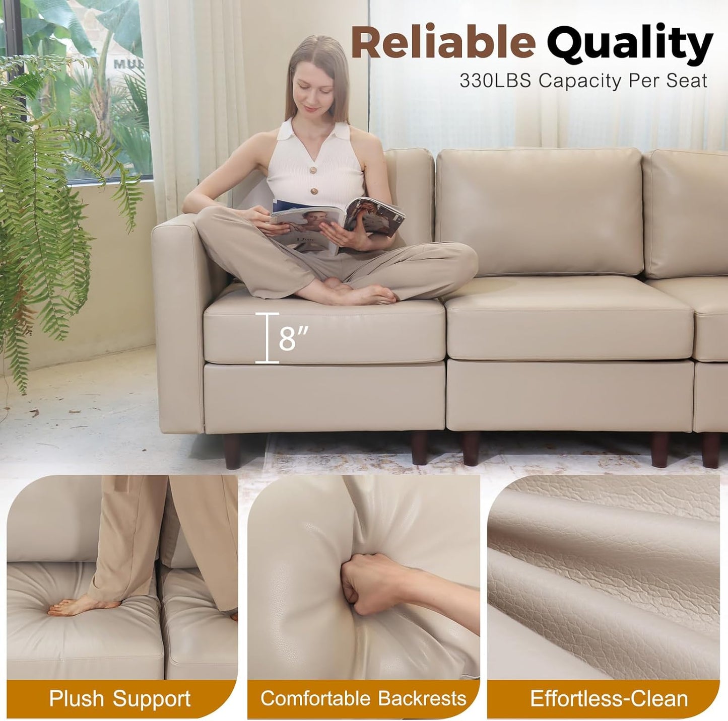 118.5" Faux Leather Modular Sectional Sofa, L Shaped Couch Set for Living Room, 5-Seater Comfy Cloud Couches with Movable Storage Ottoman,DIY Combination - Whitesand