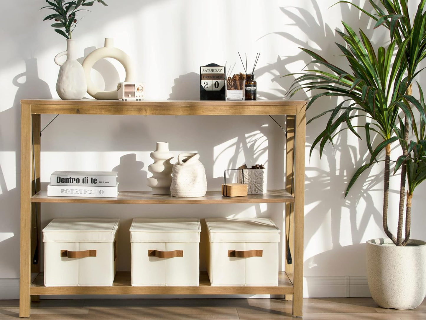 StorageWorks Large Storage Bins with Lids, Decorative Storage Boxes with Lid and PU Handles, Foldable Storage Baskets for Closet, Shelves, Stackable, Ivory, 3-Pack