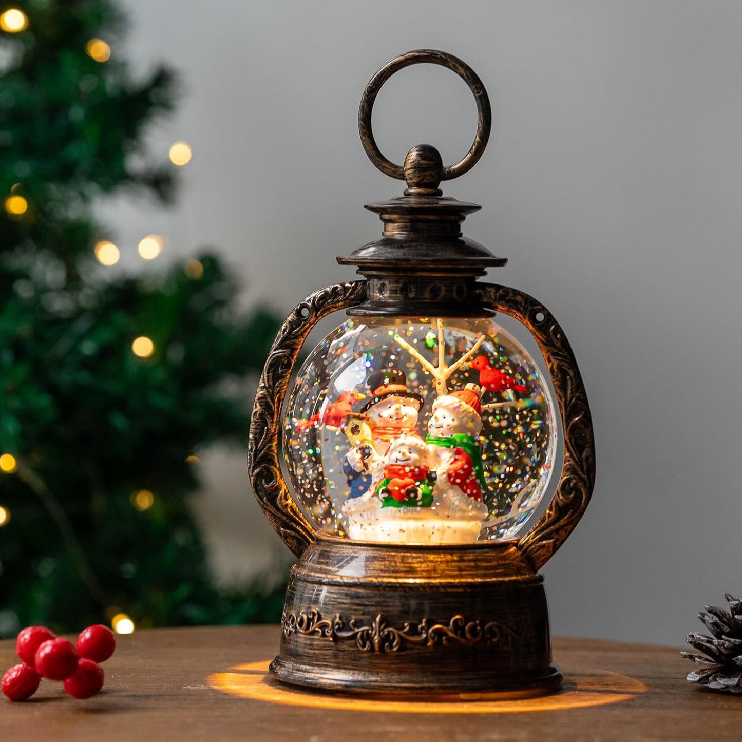 Christmas Snow Globe Lantern Water Glittering Snowman with Music, USB Lined/Battery Operated Lighted Lantern for Christmas Festival Decoration Gifts