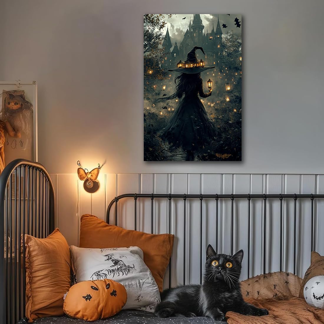 Halloween Witch and Haunted House Canvas Wall Art,Dark Academia Scary Witch Castle Posters Prints,Thriller Horror Gothic Wall Decor Pictures for Halloween Party House Decoration,12"x18" Framed