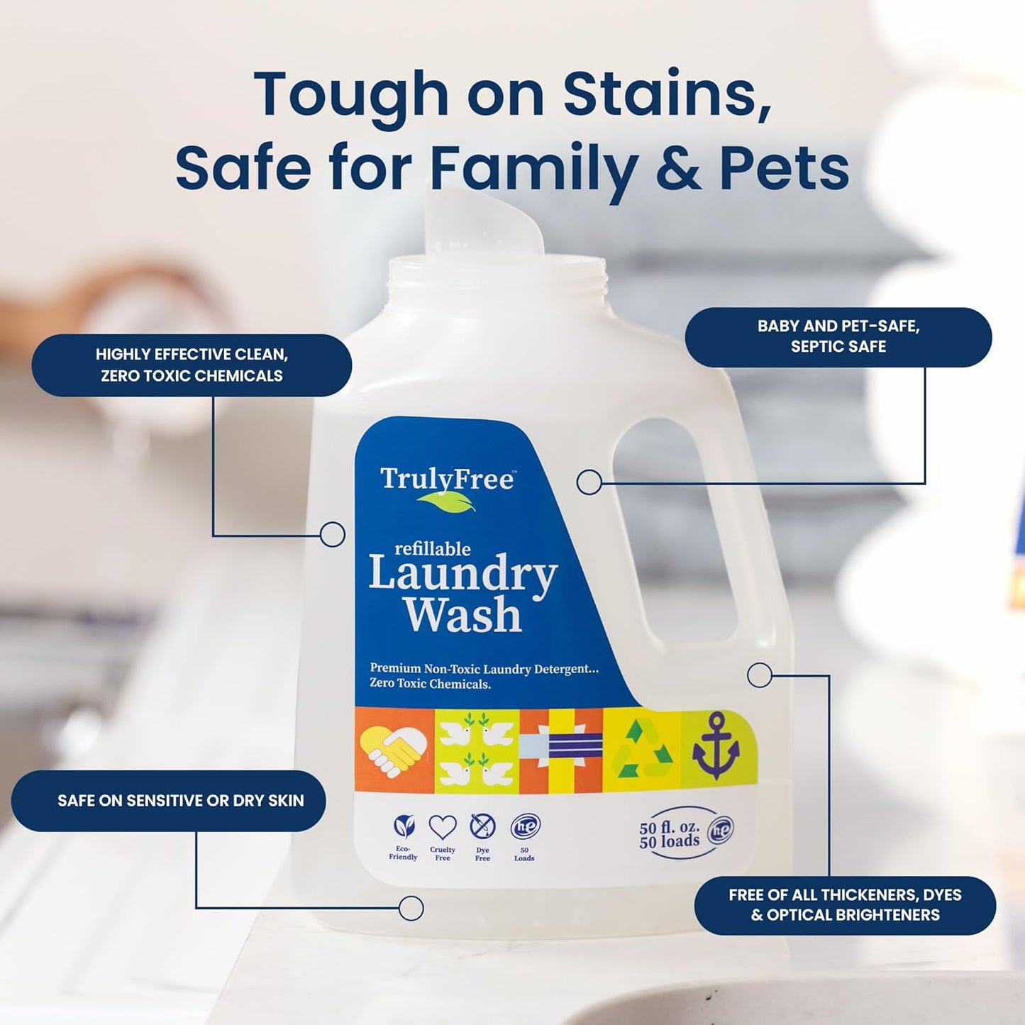 Laundry Wash Detergent for Sensitive Skin, Gentle & Safe for Baby Clothes | Plant-Based, Natural Ingredients | Unscented | Include 1 Refillable Bottle (150 Loads)