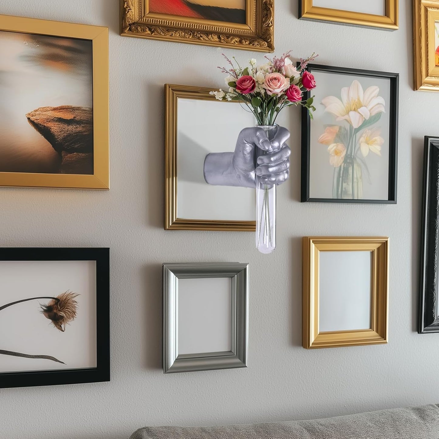 Silvery Wall Sculptures, Hand Vases Home Decor, Wall Mount Art Sculpture, Unique Wall Art Statue, Funky Flower Vase Decorations, Modern Eclectic Hanging Decor,Glass Test Tube Vase (Silvery)