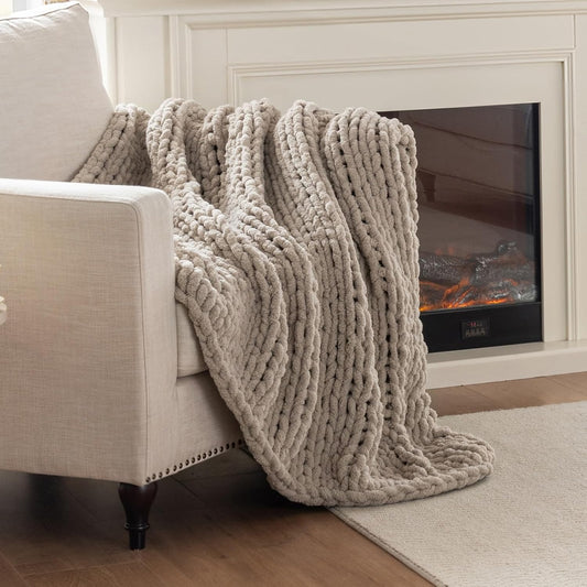 Chunky Knit Blanket Throw, 100% Hand Knit Throw Blanket Handmade Chenille Cable Knit Throw for Couch, Stylish Cozy Soft Rope Knot Crochet Blanket for Home Decor, Beige Linen, 40x50 Inches