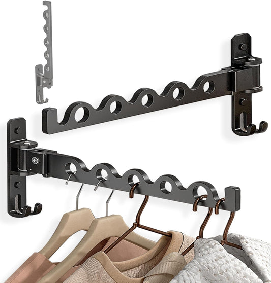 Dr.DJ Wall Hanger for Clothes, Coat Hanger Mounted Matte Black Retractable Clothes Drying Organizer Rack Garment Hooks Aluminium Folding Indoor Space Saver (2 Racks) Black